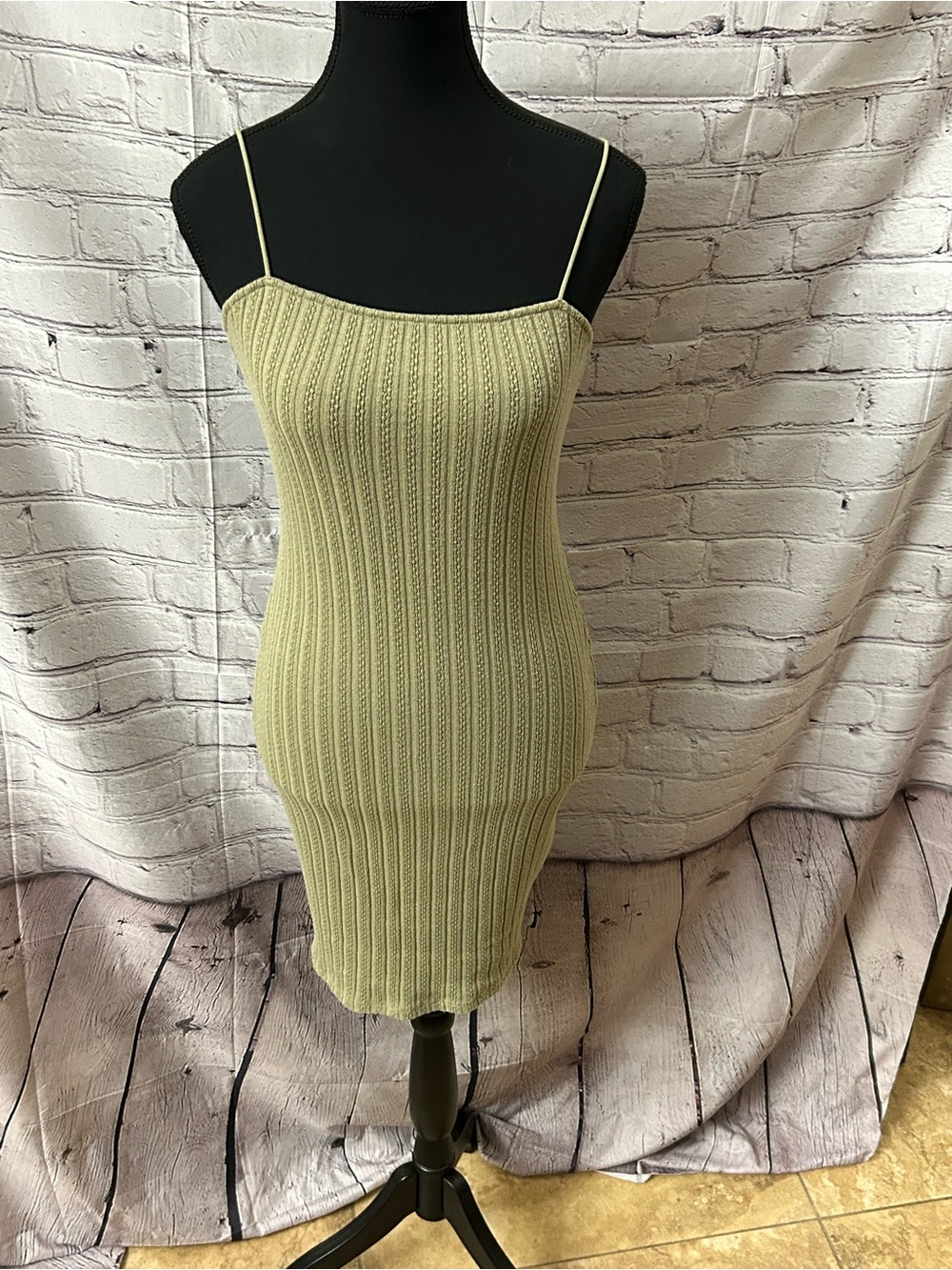 Bear Dance Ribbed Spaghetti-Strap Midi Dress in Light Olive